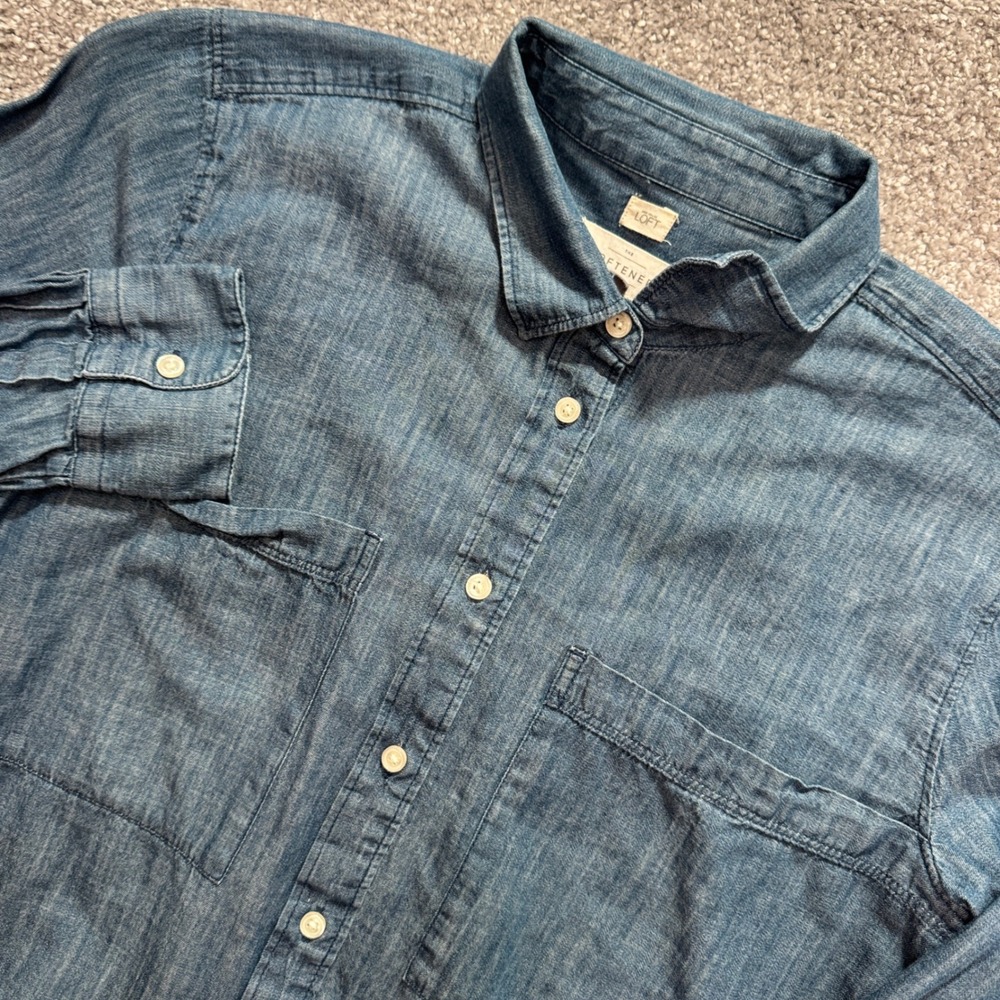 LOFT Shirt Women S Blue Chambray 100% Cotton Denim Classic Utility Softened